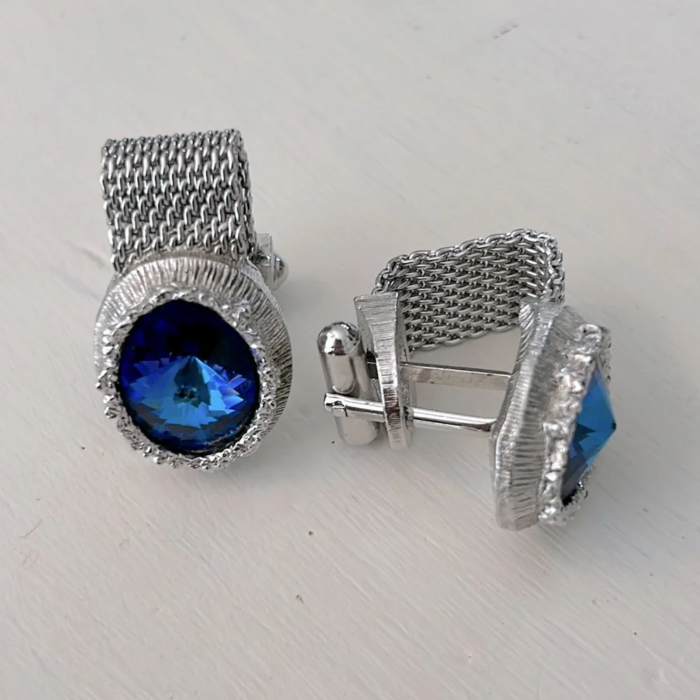 Swank Chain Mesh Blue Crystal Silver Tone Cufflinks-Mesh Chain Wrap- Formal
